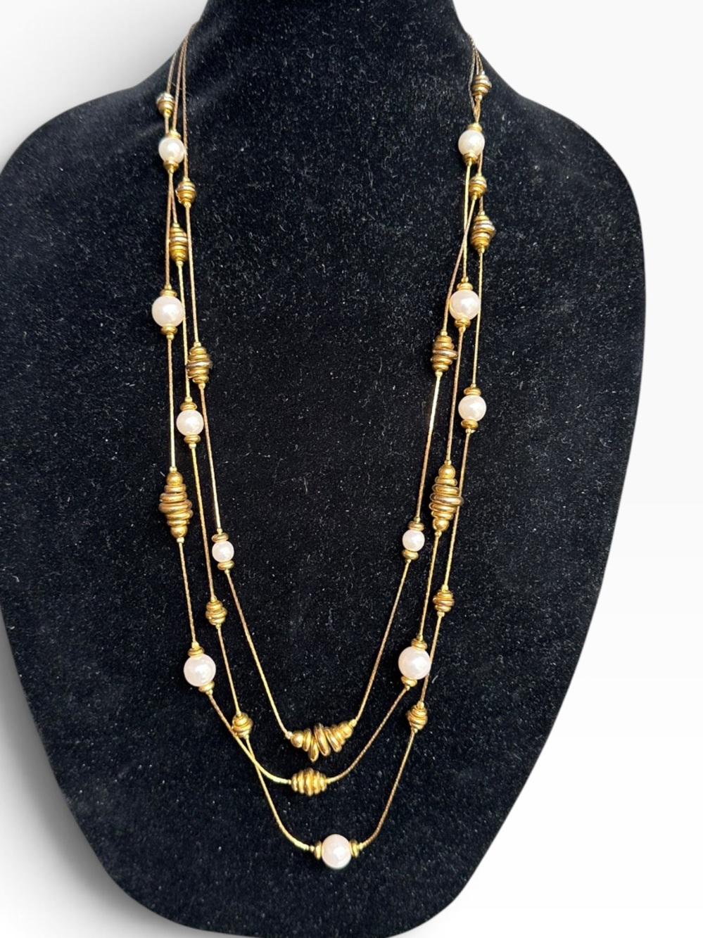 Vintage Multi-Strand Faux Pearl and Gold-Tone Bead Necklace
